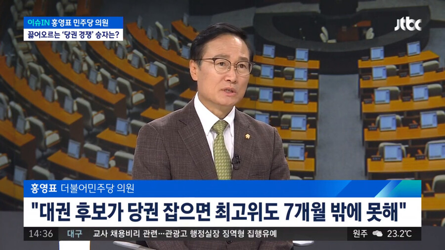 홍영표 더불어민주당 의원. <제이티비시(JTBC)> 화면 갈무리. 홍영표 더불어민주당 의원. <제이티비시(JTBC)> 화면 갈무리.