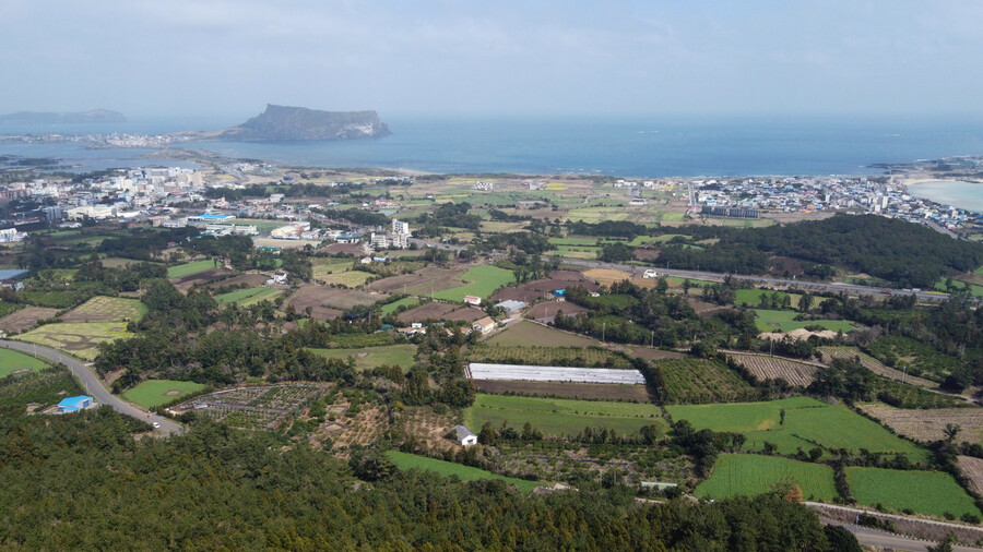 2021년 3월 제주도 서귀포시 성산읍 대수산오름 정상에서 내려다본 전경. 정부는 이곳 성산읍 일대를 제주 제2공항 부지로 점찍었다. &lt;한겨레&gt; 자료사진