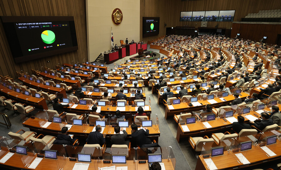 11일 오후 국회에서 열린 새해 첫 본회의에서 공공기관에 노동이사제를 도입하는 내용의 ‘공공기관 운영에 관한 법률’ 개정안'에 대한 표결이 이뤄지고 있다. 공동취재사진