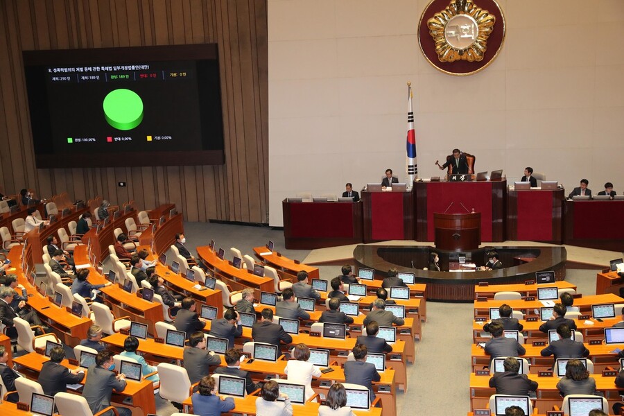 여야의원들이 29일 밤 국회 본회의에서 ‘엔(n)번방 사건 재발방지법’으로 불리는 성폭력범죄의 처벌 등에 관한 특례법·형법·범죄수익은닉의 규제 및 처벌 등에 관한 법률 개정안을 의결하고 있다.강창광 선임기자 chang@hani.co.kr