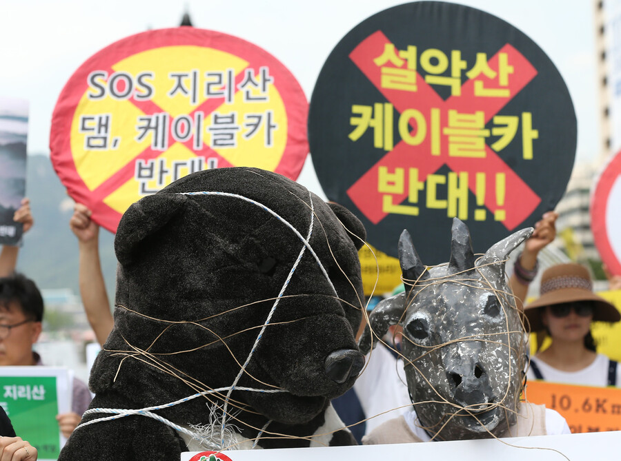 2016년 6월 환경단체가 ‘지리산·설악산 국립공원 케이블카 추진 공동규탄 기자회견’을 하는 장면이에요. 산양과 반달곰의 가치가 평가되어 국가 계정에 포함된다면, 우리가 이렇게 마구잡이로 자연을 훼손할 수 없을 거예요. 그게 다스굽타 보고서의 핵심 주장입니다. 연합뉴스