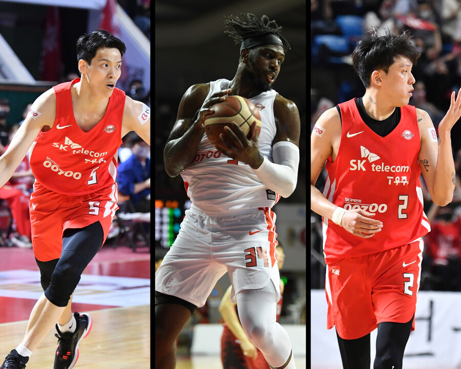 서울 에스케이(SK)의 김선형(왼쪽부터), 자밀 워니, 최준용. KBL 제공