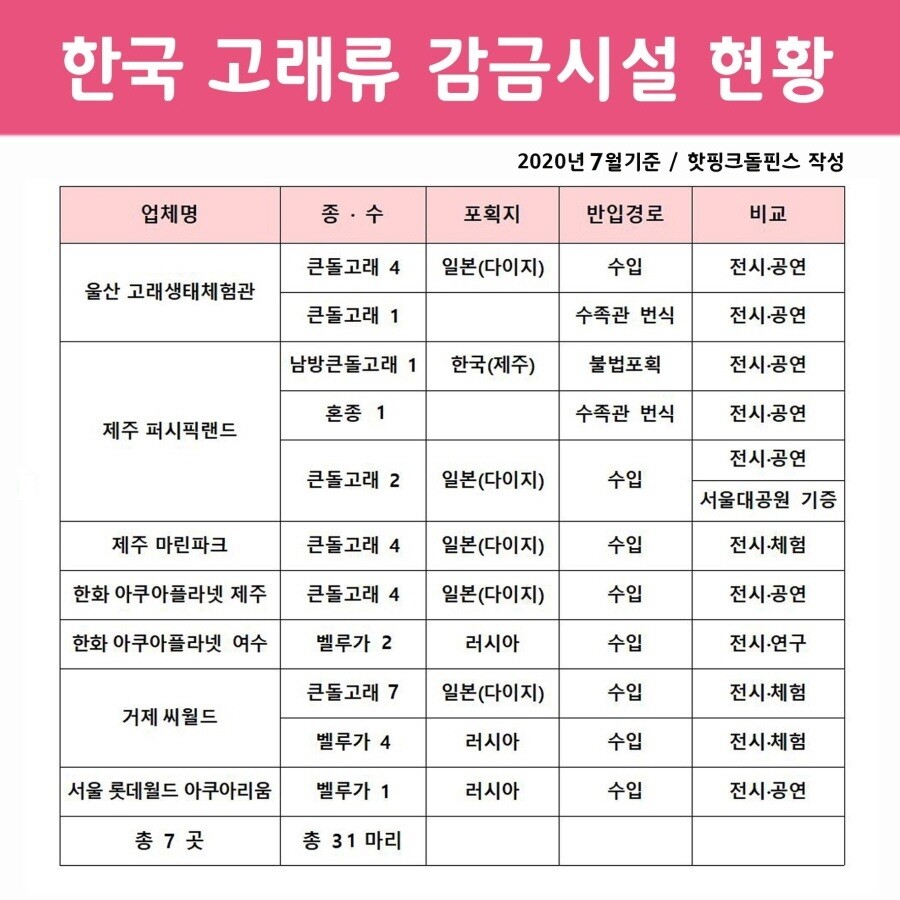국내 고래류 사육시설 현황. 핫핑크돌핀스 제공 ※ 이미지를 누르면 크게 볼 수 있습니다.