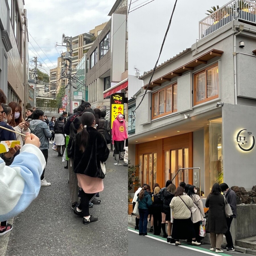 일본 도쿄 하라주쿠 다케시타 거리에 있는 ‘가마로 강정’ 앞에 음식을 먹으려는 사람과 사려는 사람들이 모여 있다.(왼쪽 사진) 오른쪽은 제주도 분위기의 카페 ‘문(MUUN) 서울’ 모습. 지난달 25일 영업시간 2시간을 남겨둔 오후 5시께 밖에서 10여명이 대기하고 있었다. 도쿄/김소연 특파원