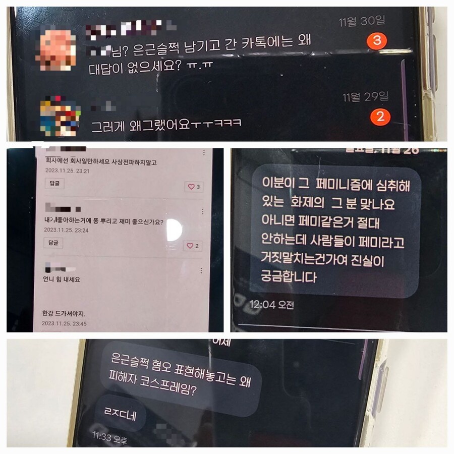 ㄱ씨가 자신의 에스엔에스 등에서 받은 욕설과 비방 메시지. ㄱ씨 제공