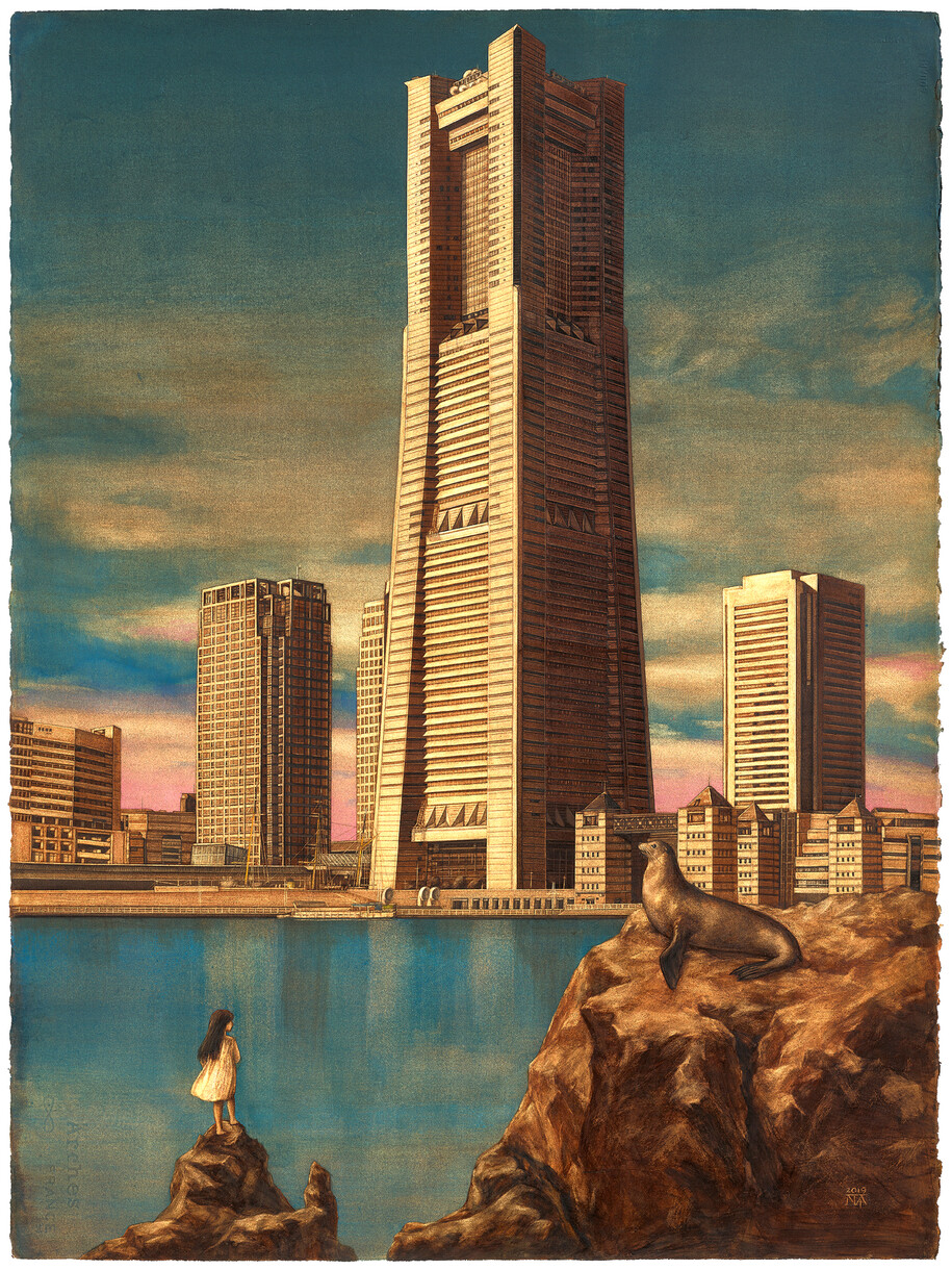 일본강치와 요코하마 랜드마크 타워, 76x57cm, 종이에 수채, 2019