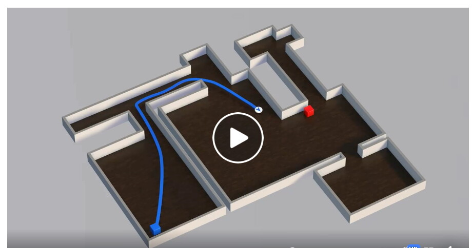 페이스북 인공지능 연구팀이 공개한 길찾기 알고리즘, 지도 없는 낯선 환경에서 시행착오없이 99.9.%의 정확도로 단번에 길찾기에 성공했다. 사진은 실내에서 목적지를 단번에 찾아가는 로봇의 궤적(파란선). 페이스북 제공