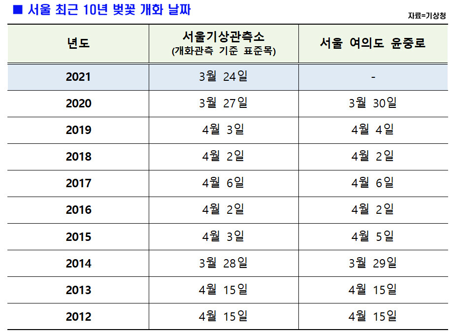 서울 벚꽃 개화일