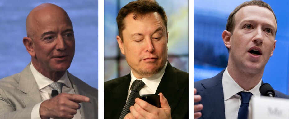 코로나19 기간 재산 증가분이 가장 많은 미국 부자들. 제프 베이조스 아마존 CEO(왼쪽), 일론 머스크 테슬라 CEO(가운데), 마크 저커버그 페이스북 CEO. AP 연합뉴스