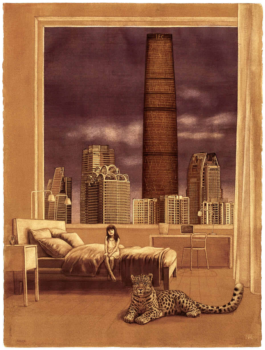 아무르표범과 광저우 국제금융센터, 종이에 수채, 76x57cm, 2014