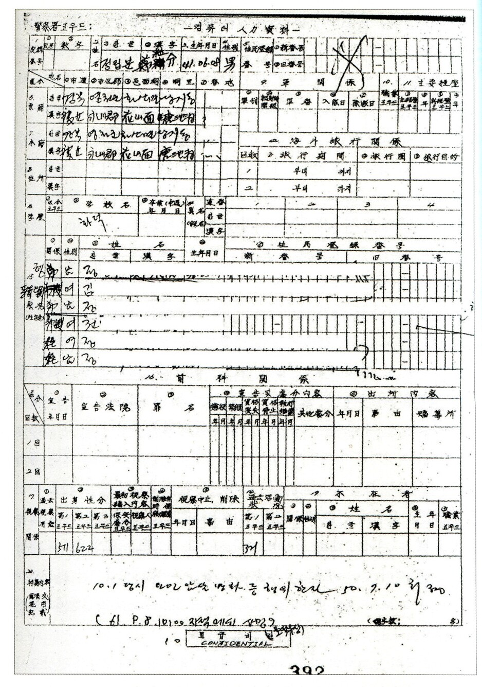 영천경찰서 ‘대공인적위해자조사표’(전 5권, 1979) 중 5-1 ‘처형자 명부’ 컴퓨터 입력자료에 실린 경북 영천군 화산면 당지동 ‘이쁜이’ 정립분에 대한 기록. 9살짜리를 ’요인 암살·방화를 행위한 자. 50.7.10 처형’으로 기록해 놓았다. 1기 진실화해위 ‘경북 영천 국민보도연맹 사건’ 보고서