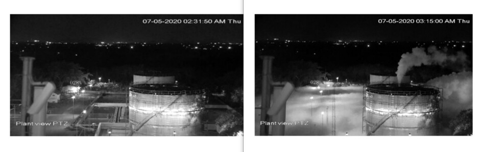 지난 5월7일 새벽 2시31분50초에 촬영된 인도 엘지(LG)폴리머스 공장의 화학물질 탱크 시시티브이 영상(왼쪽)에서는 특이한 점이 발견되지 않았으나, 같은 날 새벽 3시15분 촬영된 영상에서는 한국 영화 &lt;엑시트&gt;에서처럼 연기(스티렌 가스)가 새어 나와 자욱하게 깔리고 있다. 인도 조사위원회 보고서 갈무리