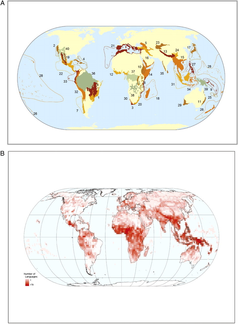 세계에서 생물다양성이 높은 ‘핫 스폿’이 위치한 곳(A)은 언어가 다양한 곳(B)과 상당 부분 일치한다. 고렌플로 외 (2012) ‘미 국립학술원회보(PNAS)’ 제공.