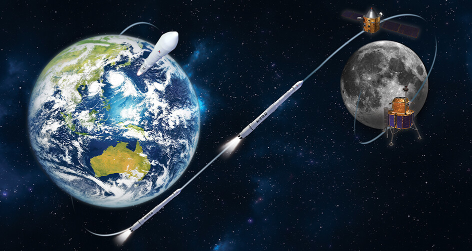 한국항공우주연구원이 개발 중인 달 궤도선이 지구를 출발해 달 주변 궤도를 도는 모습을 그린 상상도. 한국항공우주연구원 제공 ※ 이미지를 누르면 크게 볼 수 있습니다.
