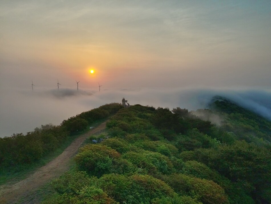 지난 22일 새벽 5시40분께 경남 의령군 한우산을 뒤덮은 운무가 걷히고 해가 떴다. 구름 위 바람개비처럼 돌아가는 건 풍력발전기, 길 끝에 서 있는 건 ‘문지기 도깨비’다. 김선식 기자