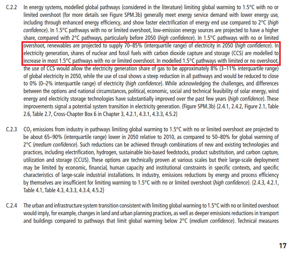 유엔 IPCC의 지구온난화 1.5도 특별보고서 요약본. “전력 생산에서 이산화탄소 포집 및 저장(CCS) 활용을 포함한 화석연료와 원자력의 비중(shares)은 대부분 증가하는 것으로 모델링됐다”고 서술돼 있지만, 이는 본문을 요약하는 과정에서 발생한 오류로 확인됐다. 원자력 비중은 오히려 줄어든다.