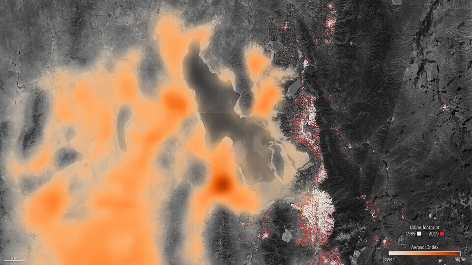유럽우주국(ESA) 인공위성이 촬영한 그레이트 솔트레이크 주변 먼지 영상. 유럽우주국 제공
