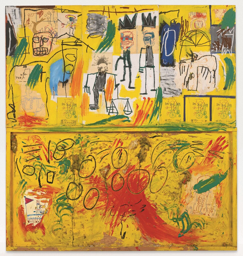 Untitled (Yellow Tar and Feathers), 1982, Acrylic, oil stick, crayon, paper collage, andfeathers on joined wood panels, 245.1×229.2cm © Estate of Jean-Michel Basquiat. Licensed by Artestar, New York Untitled (Yellow Tar and Feathers), 1982, Acrylic, oil stick, crayon, paper collage, andfeathers on joined wood panels, 245.1×229.2cm © Estate of Jean-Michel Basquiat. Licensed by Artestar, New York