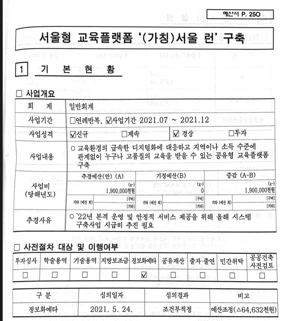 서울시가 시의회에 제출한 ‘서울런’ 사업 예산서