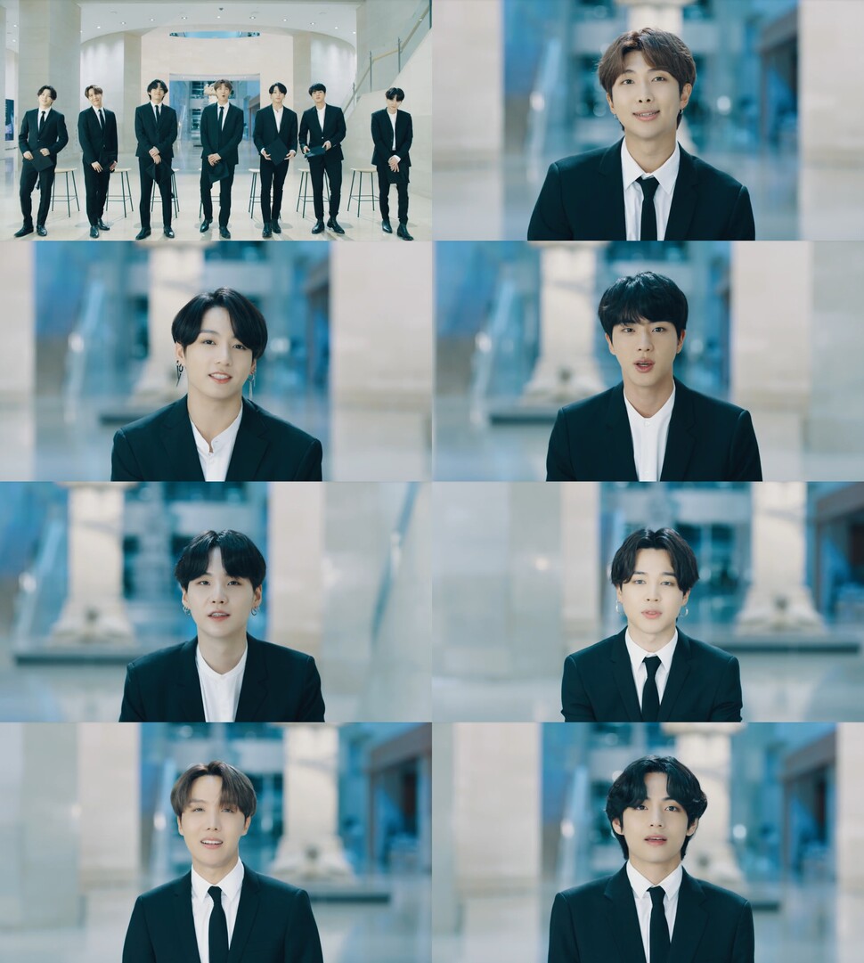 그룹 방탄소년단(BTS)이 8일 오전 유튜브로 중계된 가상 졸업식 ''디어 클래스 오브 2020''(Dear Class of 2020)를 통해 학교를 나서 세상으로 한 발짝 나가는 또래들에 응원을 건넸다. 신종 코로나바이러스 감염증(코로나19) 여파로 오프라인 졸업식을 못한 졸업생들을 위해 유튜브가 주최한 온라인 졸업식으로, 방탄소년단은 국내에서 유일하게 특별 연사로 초청받아 12분가량 영상을 통해 축사했다. 해당 영상은 서울 용산구 국립중앙박물관에서 촬영됐다. [빅히트엔터테인먼트 제공]