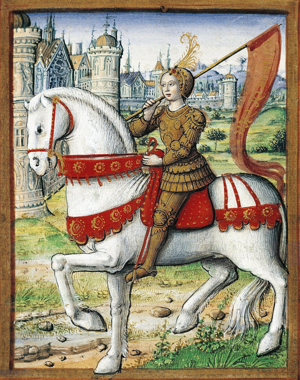 프랑스 화가 장 피쇼르가 1504년에 그린 말을 탄 잔 다르크. 위키미디어