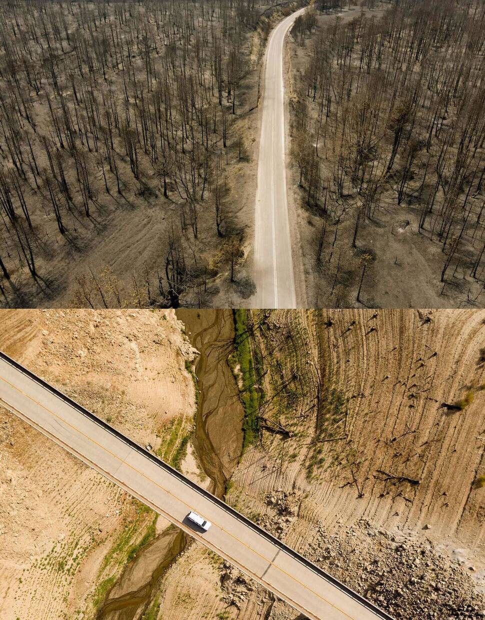 산불-그리스 에비아(위). 게티이미지뱅크(Milos Bicanski 촬영), 가뭄-미국 캘리포니아 오로빌호(아래) 게티이미지(JOSH EDELSON/AFP).