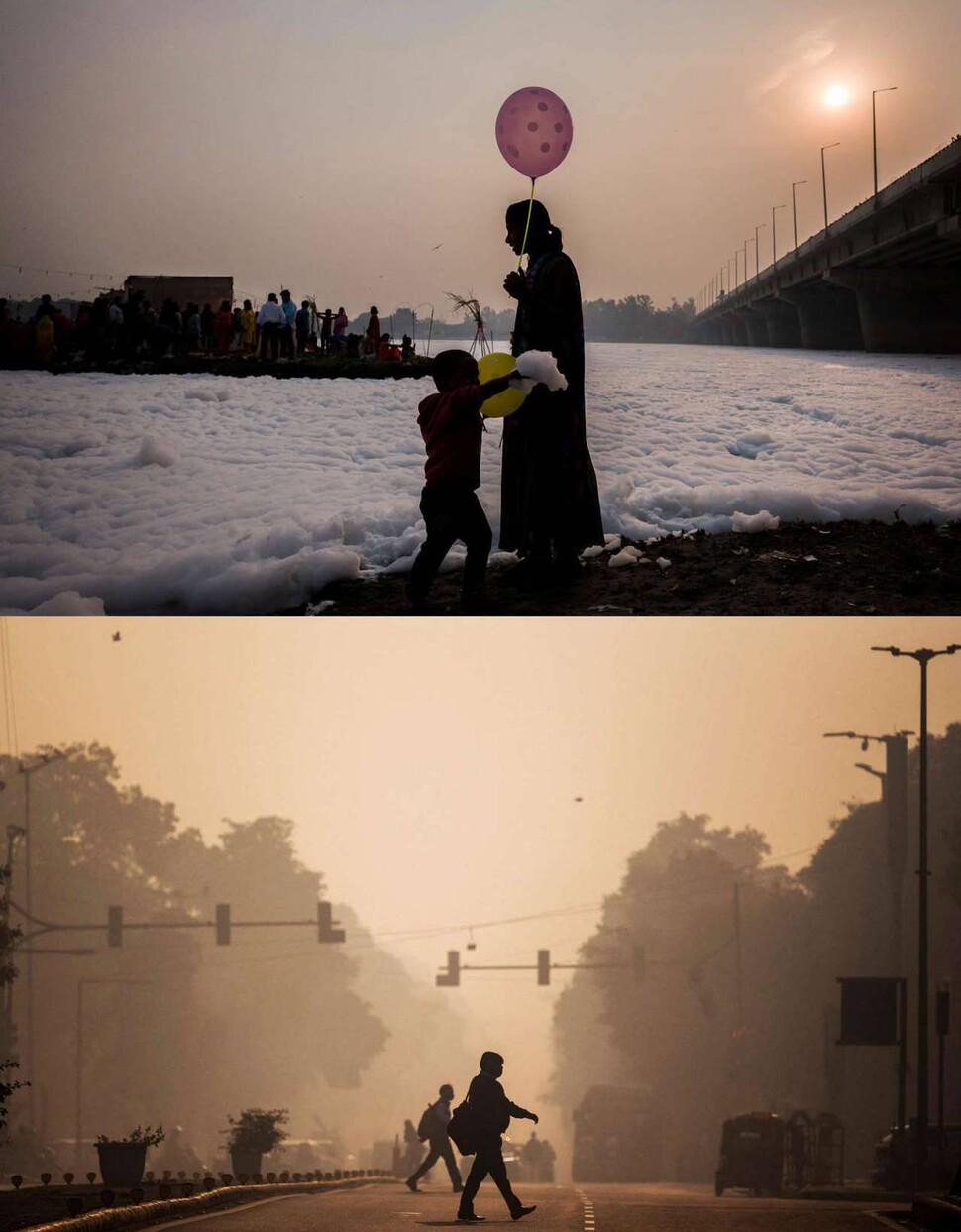 유독성 거품-인도 델리(위). 게티이미지뱅크(Anindito Mukherjee 촬영), 대기오염-인도 델리(아래). 게티이미지(JEWEL SAMAD/AFP)