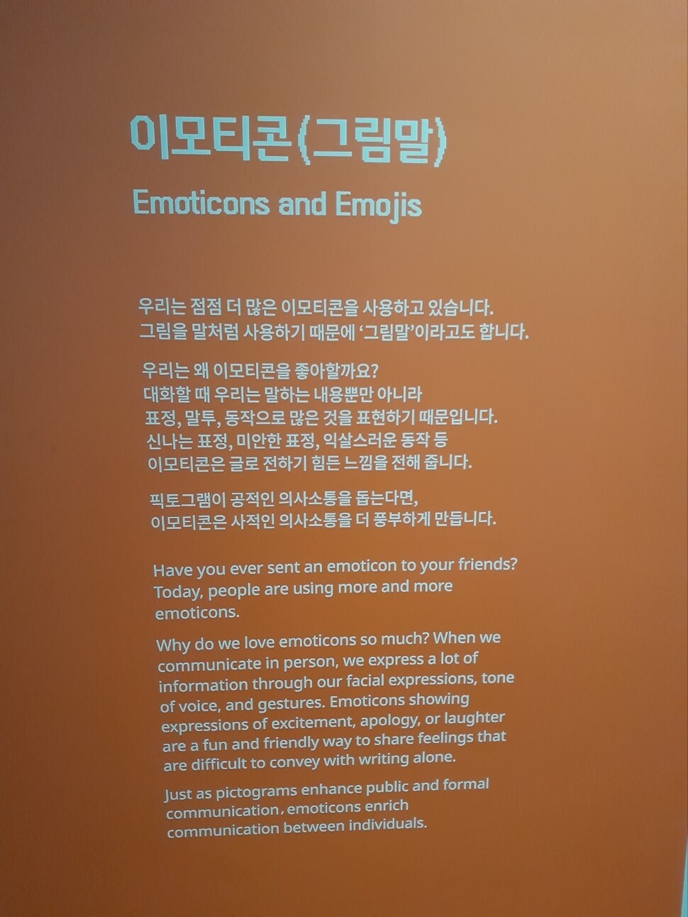 이모티콘은 그림을 말처럼 사용하기 때문에 우리말로 ‘그림말’로 불린다. 픽토그램이 공적 의사소통을 돕는다면 이모티콘은 사적 의사소통을 더 풍부하게 해준다. 나윤정 기자