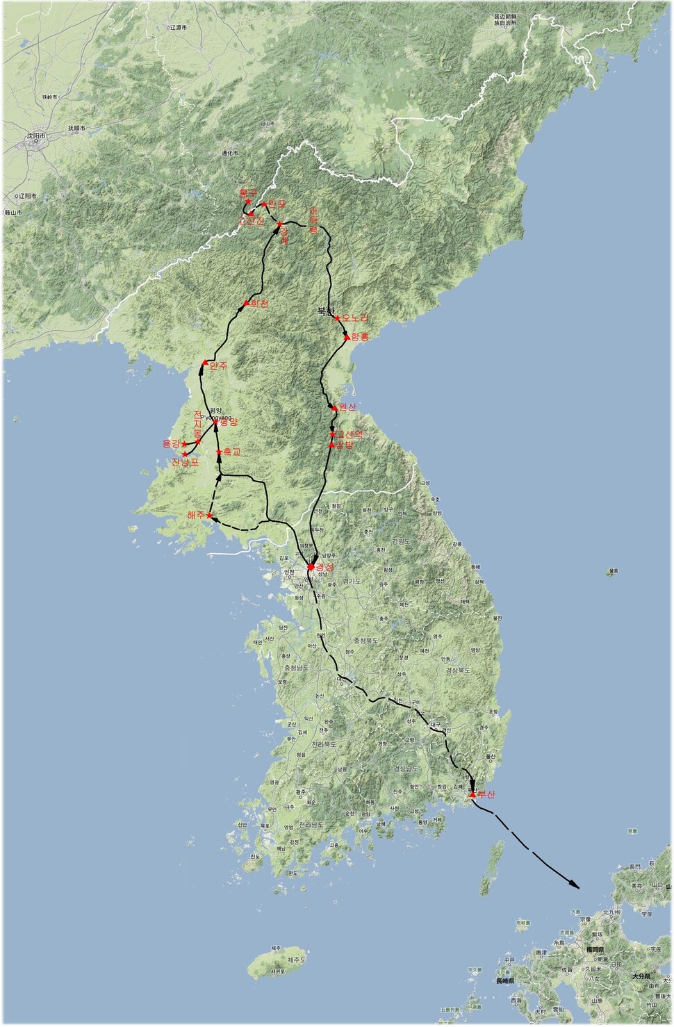 1913년 세키노 타다시를 단장으로 한 일본 학계 조사단의 조선고적조사 행로를 그린 설명 지도. 한반도 중북부를 종단해 압록강변 집안까지 조사한 뒤 경성으로 돌아오는 대규모 일정이었다.,