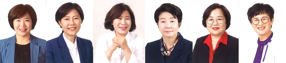 경남 고성군의회에 여성 의원이 과반수를 차지하게 됐다. 왼쪽부터 김원순, 이정숙(이상 더불어민주당), 김향숙, 최두임, 허옥희(이상 국민의힘), 이쌍자 당선자.