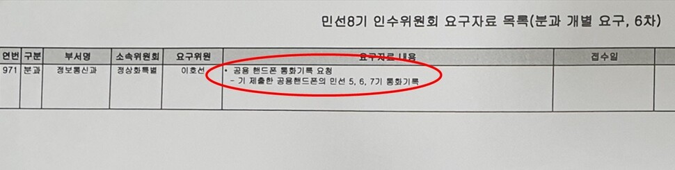 민선8기 성남시장직 인수위원회가 지난 27일 성남시에 보낸 공문 중 일부. &lt;한겨레&gt;가 전임 시장 등에 대한 공용 휴대전화 ‘통화기록’ 제출 요구는 불법성이 있다는 내용으로 보도하자, 인수위 쪽은 ‘통화기록’을 요구한 게 아니라 ‘사용내역’을 요구한 것이며, 공무원의 실수라고 반박했다. 그러나 &lt;한겨레&gt; 확인 결과, 인수위는 이미 지난 23일 공용폰 ‘사용내역’을 성남시로부터 제출받은 것으로 확인돼 거짓 해명을 한 것으로 드러났다. 한겨레 자료사진