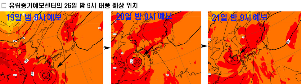 유럽중기예보센터(ECMWF)가 예측한 태풍의 예상경로. 24시간마다 위치와 크기가 크게 변하고 있음을 보여준다. ECMWF 누리집 갈무리 ※ 이미지를 누르면 크게 볼 수 있습니다.