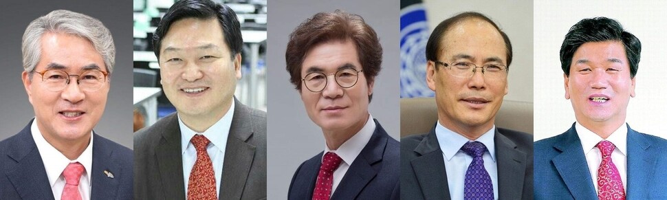 경남도 교육감 선거 출마예정자들. 왼쪽부터 박종훈 교육감, 김명용 창원대 교수, 김상권 전 경남도교육청 교육국장, 최해범 전 창원대 총장, 허기도 전 경남도의회 의장