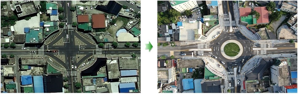충북 충주 제2로타리 회전교차로 설치 전과 후. 행정안전부 제공