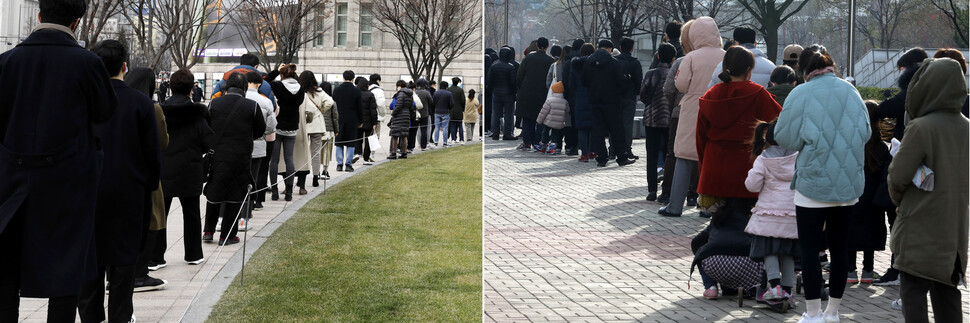 신규 확진자수가 이틀 연속 7천명대를 기록하고 위중증 환자도 800명대 중반으로 연일 최다치를 경신하는 등 코로나19의 확산세가 좀처럼 수그러 들지 않고 있는 가운데 9일 서울광장(왼쪽 사진)과 서울 마포구 서강대역 앞 코로나19 선별진료소 앞에 검사를 받으려는 시민들의 줄이 길게 이어지고 있다. 김명진 기자, 윤운식 선임기자 yws@hani.co.kr