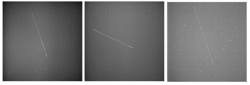 한국천문연구원 우주물체 전자광학 감시 시스템(아울-넷)으로 관측한 누리호 우주물체들. 왼쪽부터 누리호 발사체 3단, 위성모사체(더미위성), 성능검증위성이다. 한국천문연구원 제공