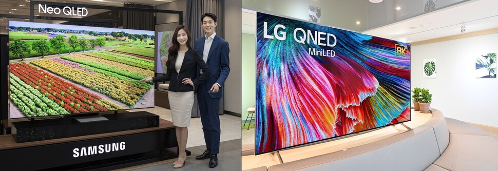 ‘CES 2021’에서 선보인 삼성전자의 ‘Neo QLED’ TV와 LG전자의 ‘LG QNED’ TV. 각사 제공