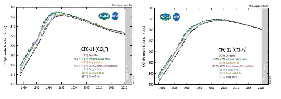 사용이 금지된 1990년대 이후에도 염화불화탄소 11과 12의 농도가 증가하다 수년이 지난 뒤에야 오름세가 꺾였다. 기상청 제공