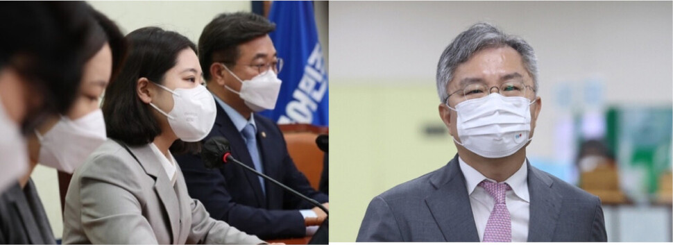 박지현 더불어민주당 공동비상대책위원장(왼쪽 사진 가운데)이 최강욱 의원(오른쪽 사진)의 ‘성희롱 발언 논란’과 관련해 사실 확인을 지시했다. 공동취재사진단, 연합뉴스.