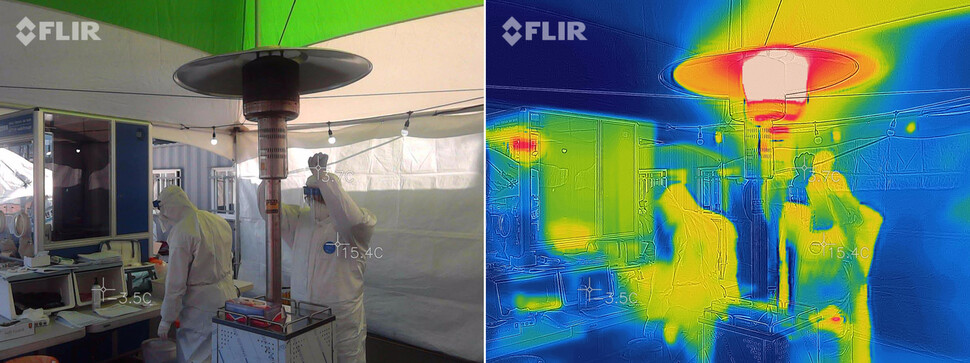 열화상카메라로 본 의료진의 손 표면온도가 3.7도, 난방기에서 조금 떨어진 몸통 부분의 기온이 15.4도를 가르키고 있다. 난방기에서 조금만 떨어져도 영하 3.5도를 가리키고 있다. 김명진 기자