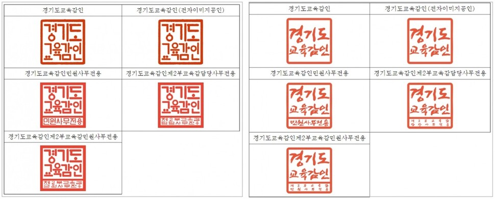 경기도교육청이 지난달 1일 바꾼 교육감 직인. 왼쪽이 훈민정음체 직인으로 이번에 바뀐 직인이다. 오른쪽은 바뀌기 전 신영복체 직인. 전자관보 갈무리