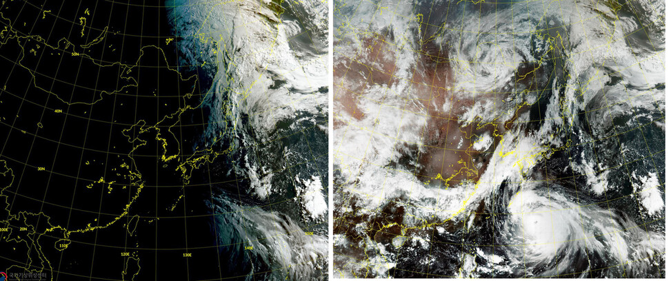천리안위성 2A호가 지난해 9월5일 오전 6시에 촬영한 태풍 ‘하이선’ 가시영상(왼쪽)과 인공지능을 활용해 컬러화한 영상(오른쪽). 컬러영상에서는 일출 전이어서 가시채널이 제대로 작동하지 않음에도 태풍과 구름을 볼 수 있다. 기상청 제공