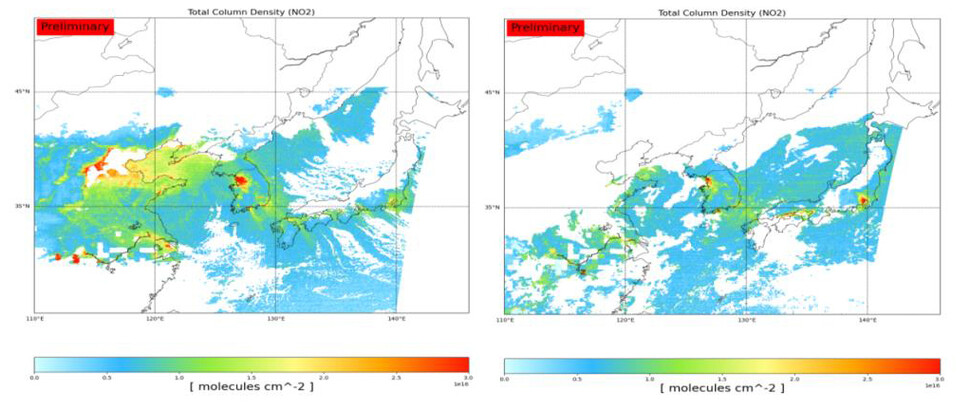 지난 2월9일 오전 11시 위성으로 관측한 한반도 대기중 이산화질소 농도(왼쪽). 평일인 이날 차량운행이 많은 서울과 대규모 공단 밀집 지역인 울산, 여수 등에서 높은 이산화질소 값이 관측됐다. 지난 2월13일 오전 11시 위성으로 관측한 한반도 대기중 이산화질소 농도(오른쪽). 주말인 이날 수도권의 경우 차량운행 감소 등으로 평일 대비 약 30% 이상의 감소가 관측됐다. 국립환경과학원 환경위성센터 제공