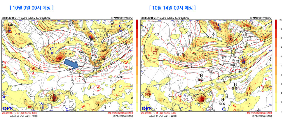 유럽중기예보센터(ECMWF) 모델이 예측한 500헥토파스칼 고도 예상도. 저위도는 열대저압부(태풍) 활동 예상, 아열대 고기압은 세력 유지, 10일 오후~11일 오전 북서쪽 기압골 통과로 전국 강수 이후, 다시 아열대 고기압 영향, 10월 중순까지 당분간 비슷한 패턴 유지될 것으로 예상된다. 기상청 제공 ※ 이미지를 누르면 크게 볼 수 있습니다.