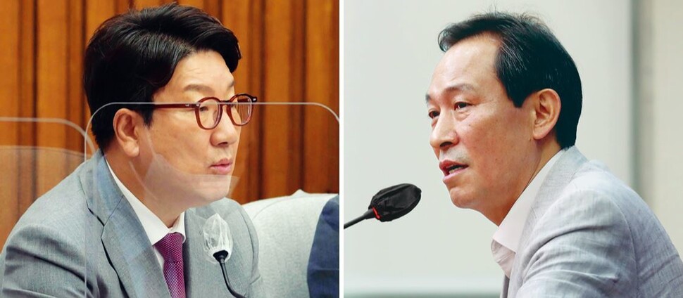 권성동 국민의힘 원내대표가 지난 17일 오전 서울 여의도 국회에서 열린 원내대책회의에서 머리발언을 하고 있다. (왼쪽 사진) 우상호 더불어민주당 비상대책위원장이 19일 서울 여의도 국회에서 열린 기자간담회에서 기자들의 질문에 답하고 있다. 공동취재사진