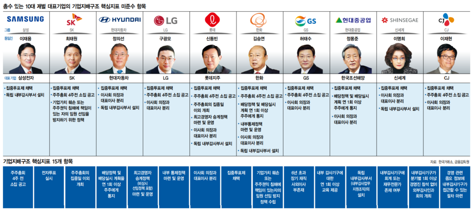 총수 있는 10대 재벌 대표기업지배구조 핵심지표 미준수 항목 ※ 이미지를 누르면 크게 볼 수 있습니다.