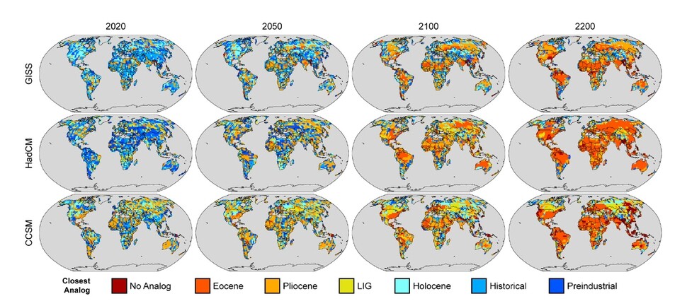 온실가스 배출 감축 노력을 하지 않을 경우(대표농도경로 RCP 8.5) 기후가 지역별로 어느 시기의 과거와 유사한지를 보여주는 그림. 2100을 넘어서면 과거 어느 시기에도 경험하지 못한 ‘새로운’ 기후가 동아시아 등 일부 지역에서 나타나는 것으로 모사됐다. <PNAS> 제공