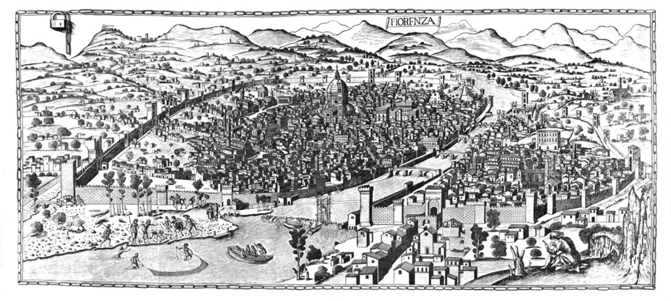 15세기 프란체스코 로셀리가 그려 목판화로 제작한 ‘사슬지도’. 피렌체를 그린 이 지도는 유럽 최초의 그림지도라 할 수 있다. ⓒMusei Comunali a Firenze, 집 제공