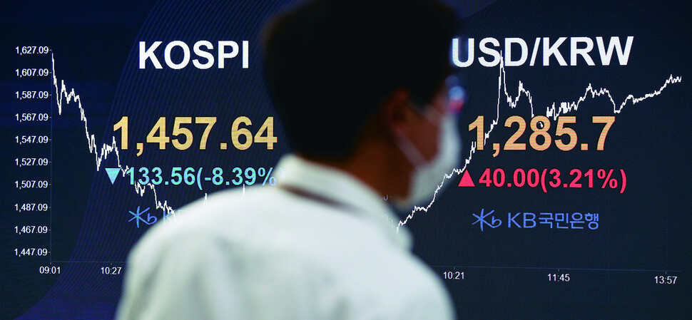 코로나19 여파로 10여년 만에 코스피가 1500선 아래로 주저앉는 등 경제위기 우려가 커지고 있다. 코스피가 1400대로 떨어지고 원-달러 환율이 40원 폭등하는 등 금융시장이 요동친 19일 오후 서울 여의도 국민은행 딜링룸에 코스피와 원-달러 환율이 표시돼 있다. &lt;한겨레&gt; 자료