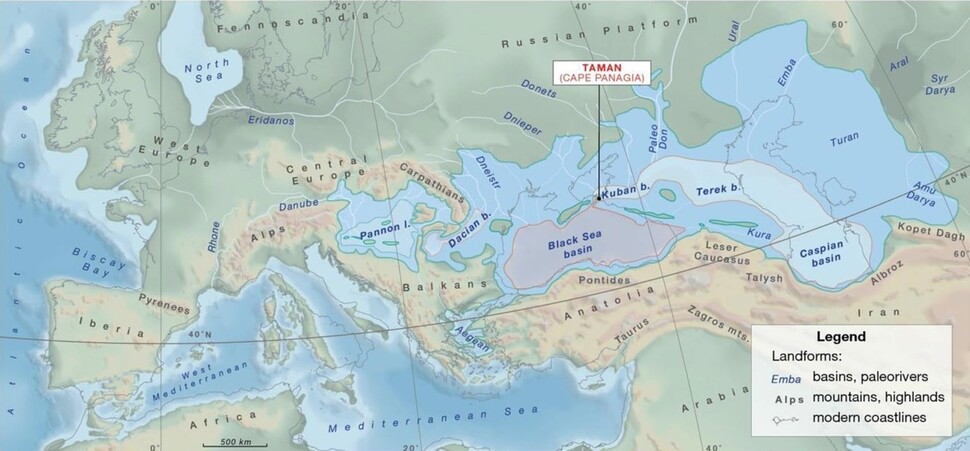 신생대 마이오세 말 당시의 지형과 파라테티스해 위치. 단 팔쿠 외 (2021) ‘사이언티픽 리포츠’ 제공.